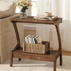 Solid Wood End Table, Narrow Side Table with 2-Tier Storage Shelf