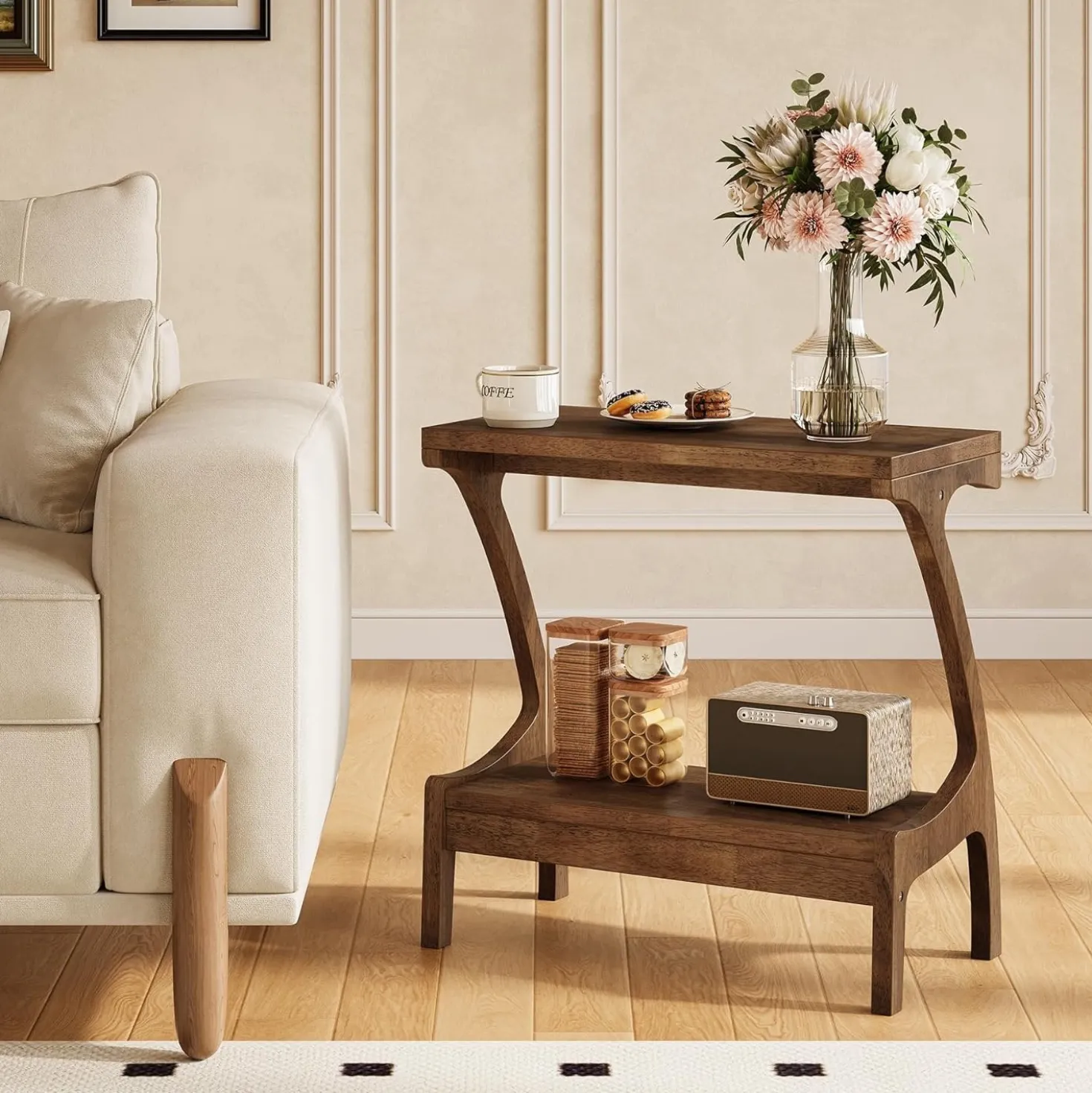 Solid Wood End Table, Narrow Side Table with 2-Tier Storage Shelf