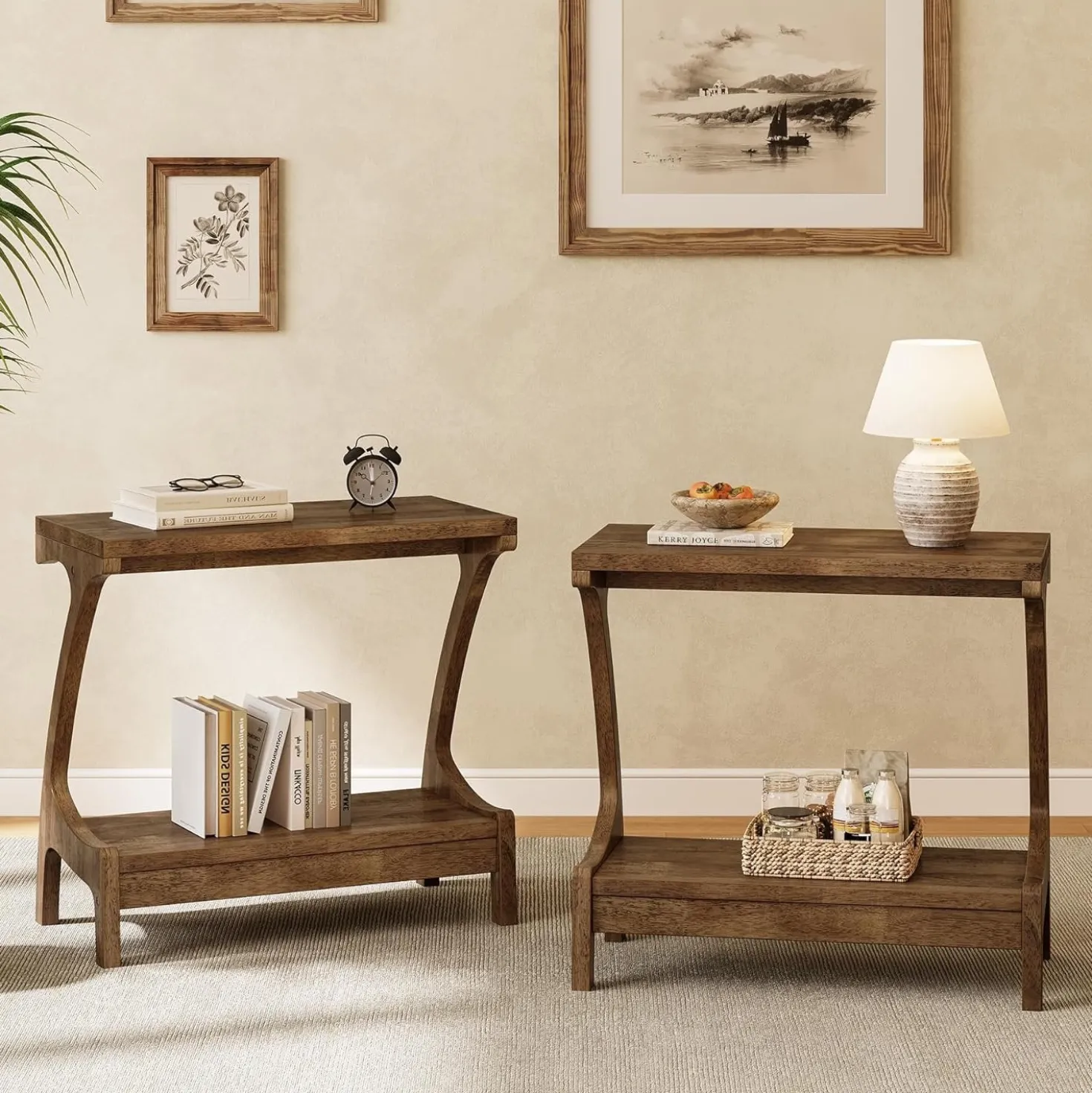 Solid Wood End Table, Narrow Side Table with 2-Tier Storage Shelf
