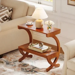 Solid Wood End Table, Narrow 2-Tier Side Table with Storage Shelf