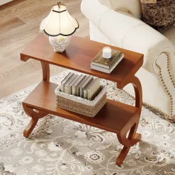Solid Wood End Table, Narrow 2-Tier Side Table with Storage Shelf
