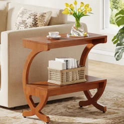 Solid Wood End Table, Narrow 2-Tier Side Table with Storage Shelf
