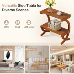 Solid Wood End Table, Narrow 2-Tier Side Table with Storage Shelf