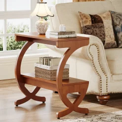 Solid Wood End Table, Narrow 2-Tier Side Table with Storage Shelf