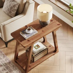 Solid Wood End Table, Narrow Side Table Nightstand with 2-Tier Storage