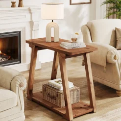 Solid Wood End Table, Narrow Side Table Nightstand with 2-Tier Storage