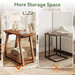 Solid Wood End Table, Narrow Side Table Nightstand with 2-Tier Storage