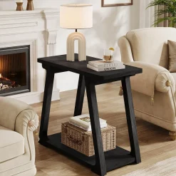 Solid Wood End Table, Narrow Side Table Nightstand with 2-Tier Storage