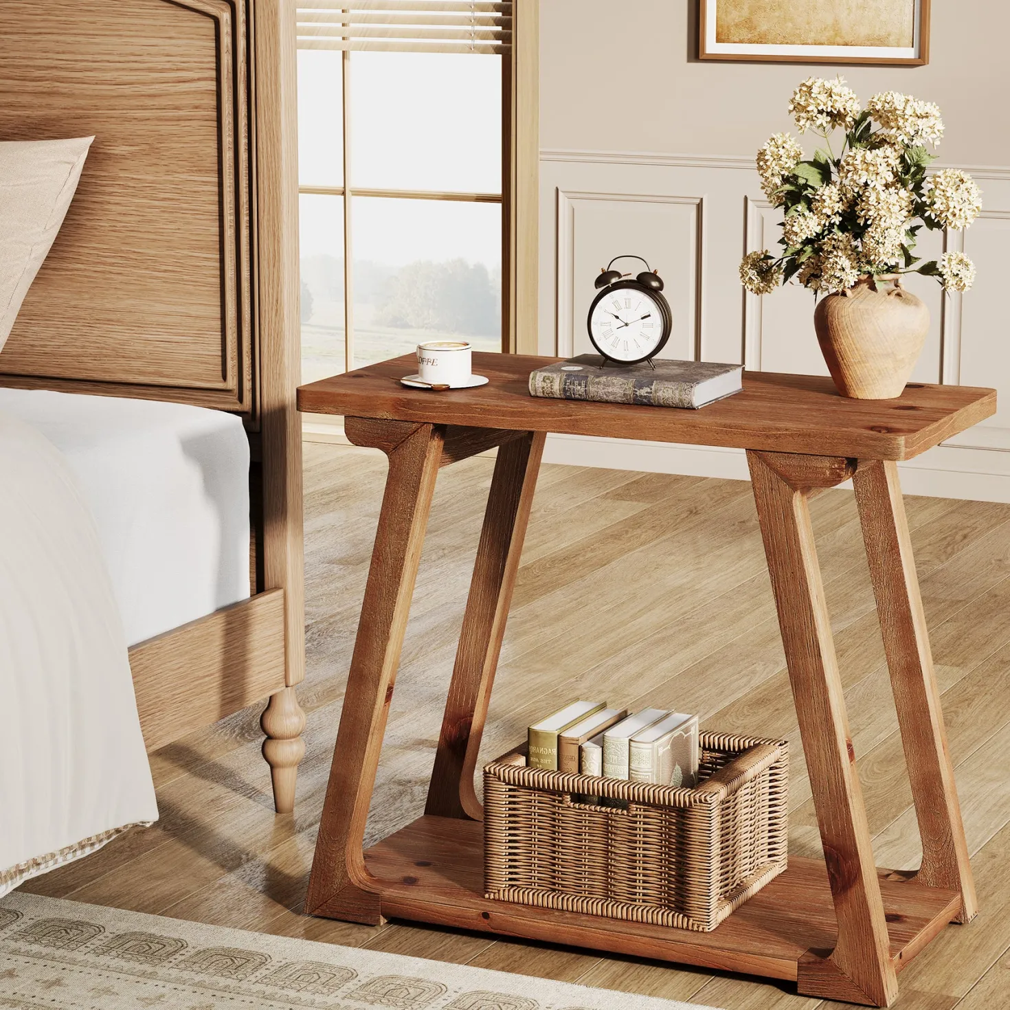 Solid Wood End Table, Narrow Side Table Nightstand with 2-Tier Storage