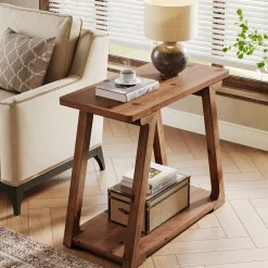 Solid Wood End Table, Narrow Side Table Nightstand with 2-Tier Storage