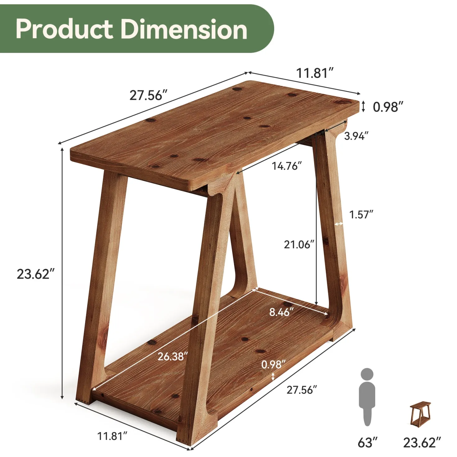 Solid Wood End Table, Narrow Side Table Nightstand with 2-Tier Storage