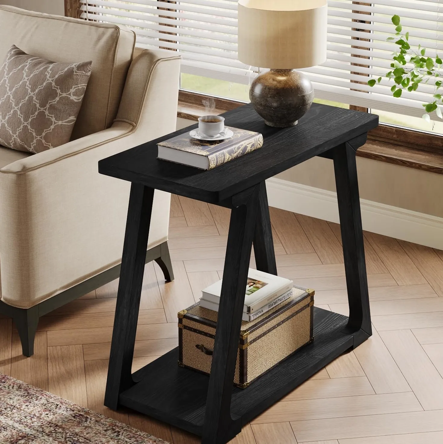 Solid Wood End Table, Narrow Side Table Nightstand with 2-Tier Storage