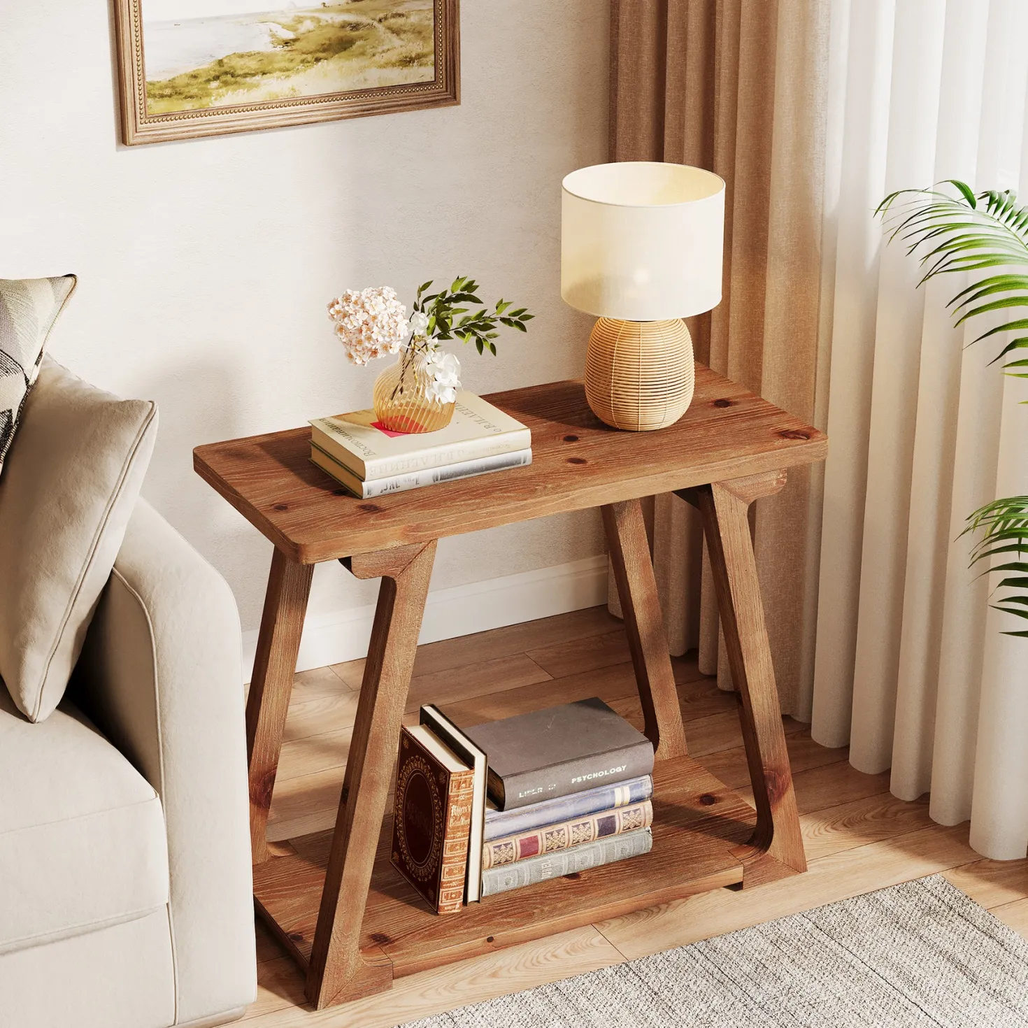 Solid Wood End Table, Narrow Side Table Nightstand with 2-Tier Storage