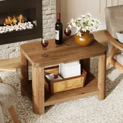 Solid Wood End Table, Rectangle Side Table Nightstand with 2-Tier Shelf