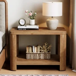 Solid Wood End Table, Rectangle Side Table Nightstand with 2-Tier Shelf
