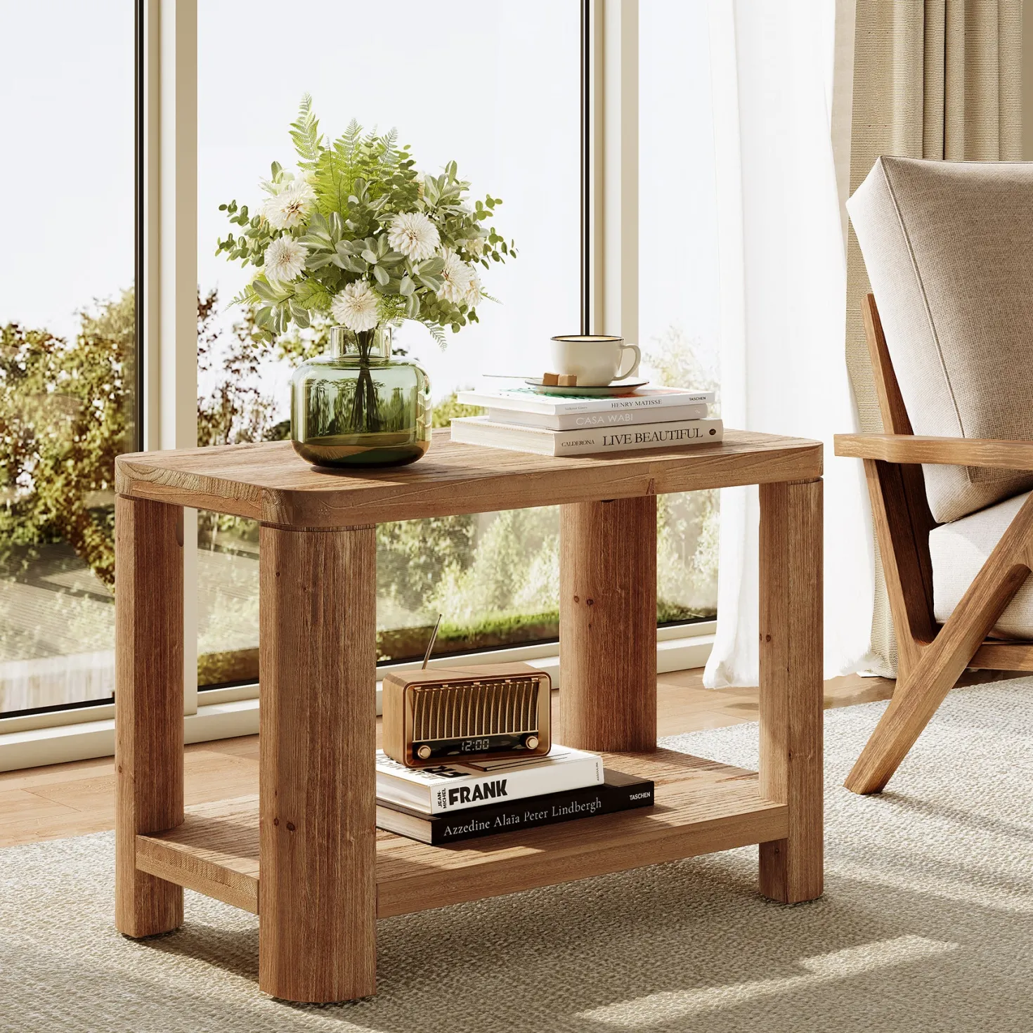 Solid Wood End Table, Rectangle Side Table Nightstand with 2-Tier Shelf