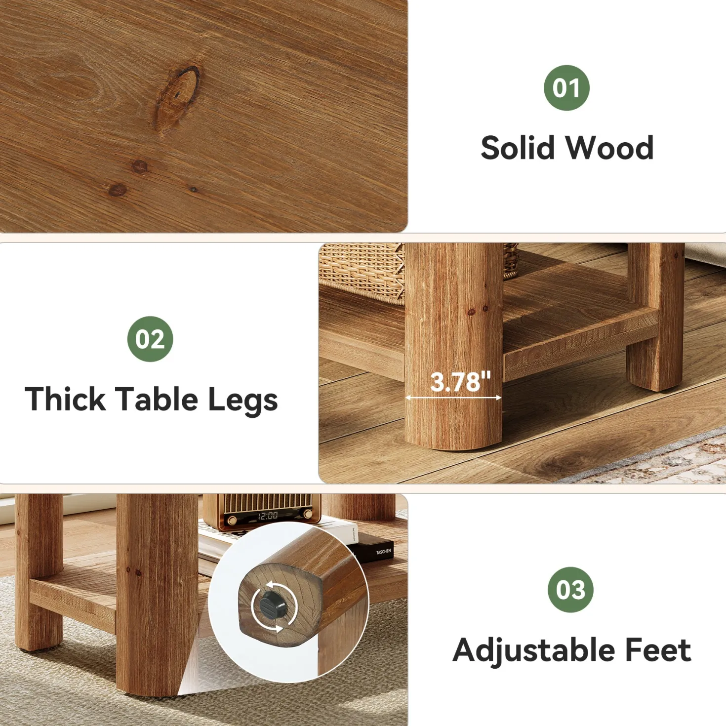 Solid Wood End Table, Rectangle Side Table Nightstand with 2-Tier Shelf