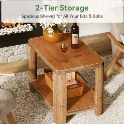 Solid Wood End Table, Rectangle Side Table Nightstand with 2-Tier Shelf