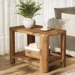 Solid Wood End Table, Rectangle Side Table Nightstand with 2-Tier Shelf