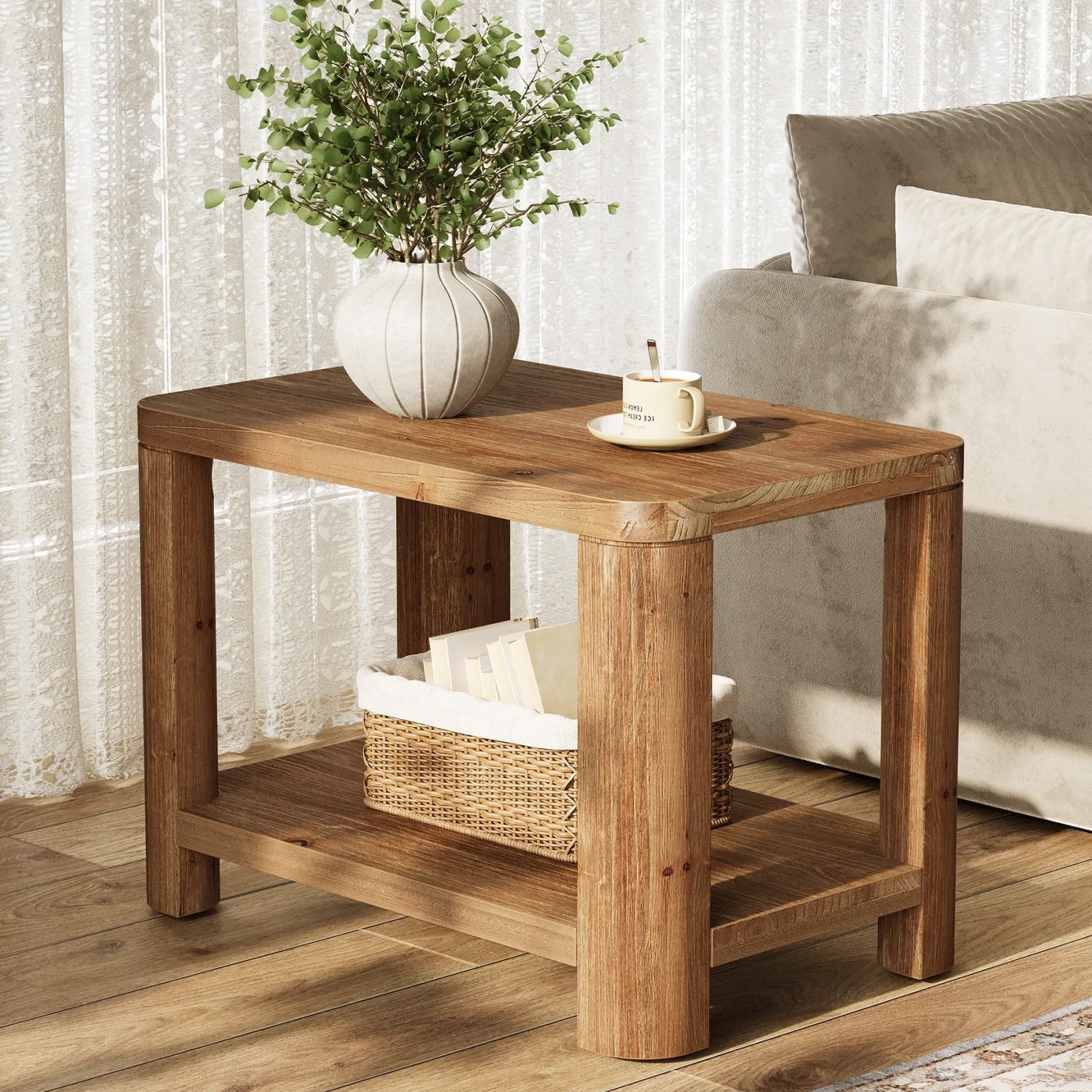 Solid Wood End Table, Rectangle Side Table Nightstand with 2-Tier Shelf