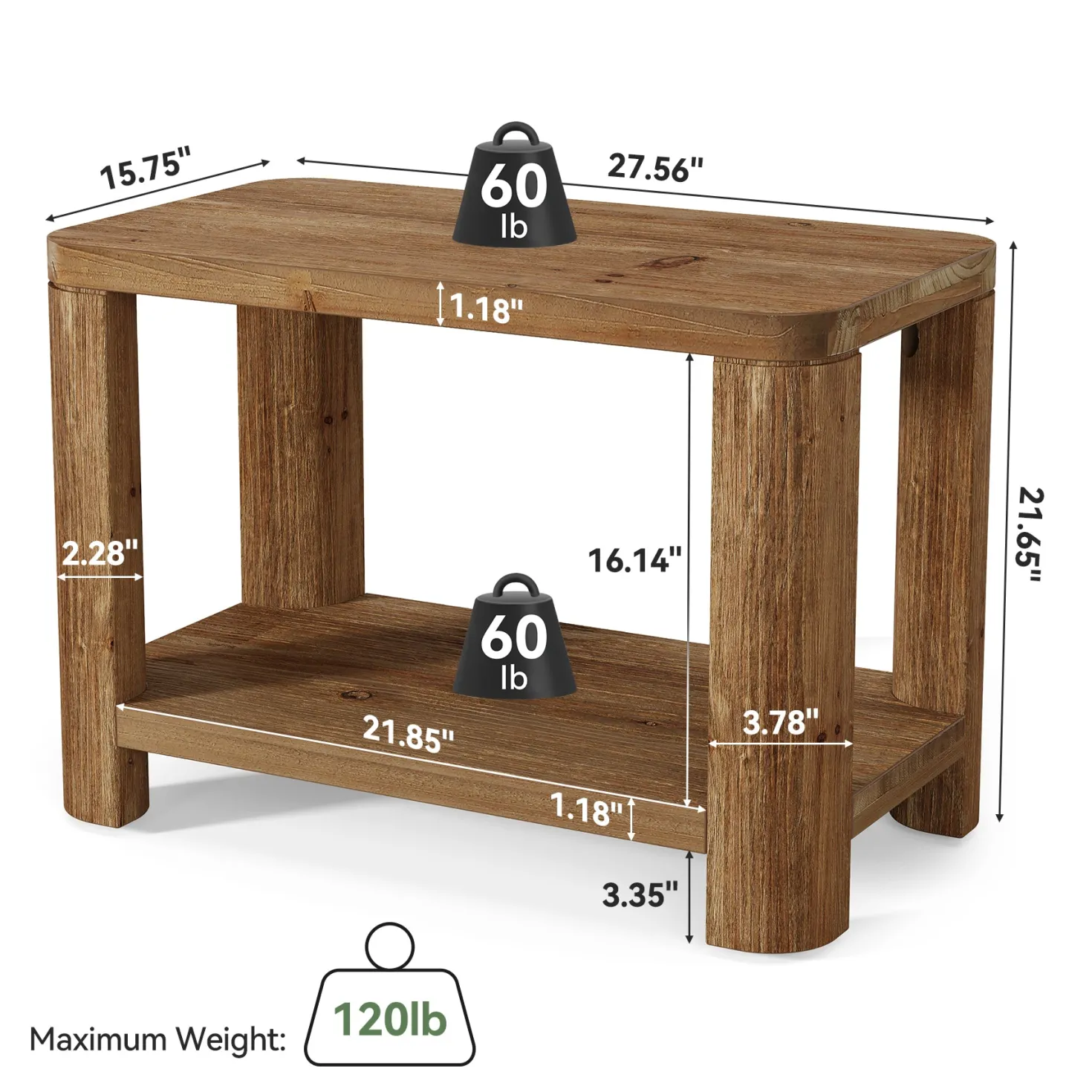Solid Wood End Table, Rectangle Side Table Nightstand with 2-Tier Shelf