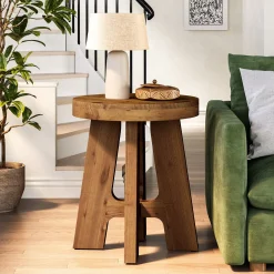 Solid Wood End Table, Round Side Table with Heavy-Duty Legs for Couch