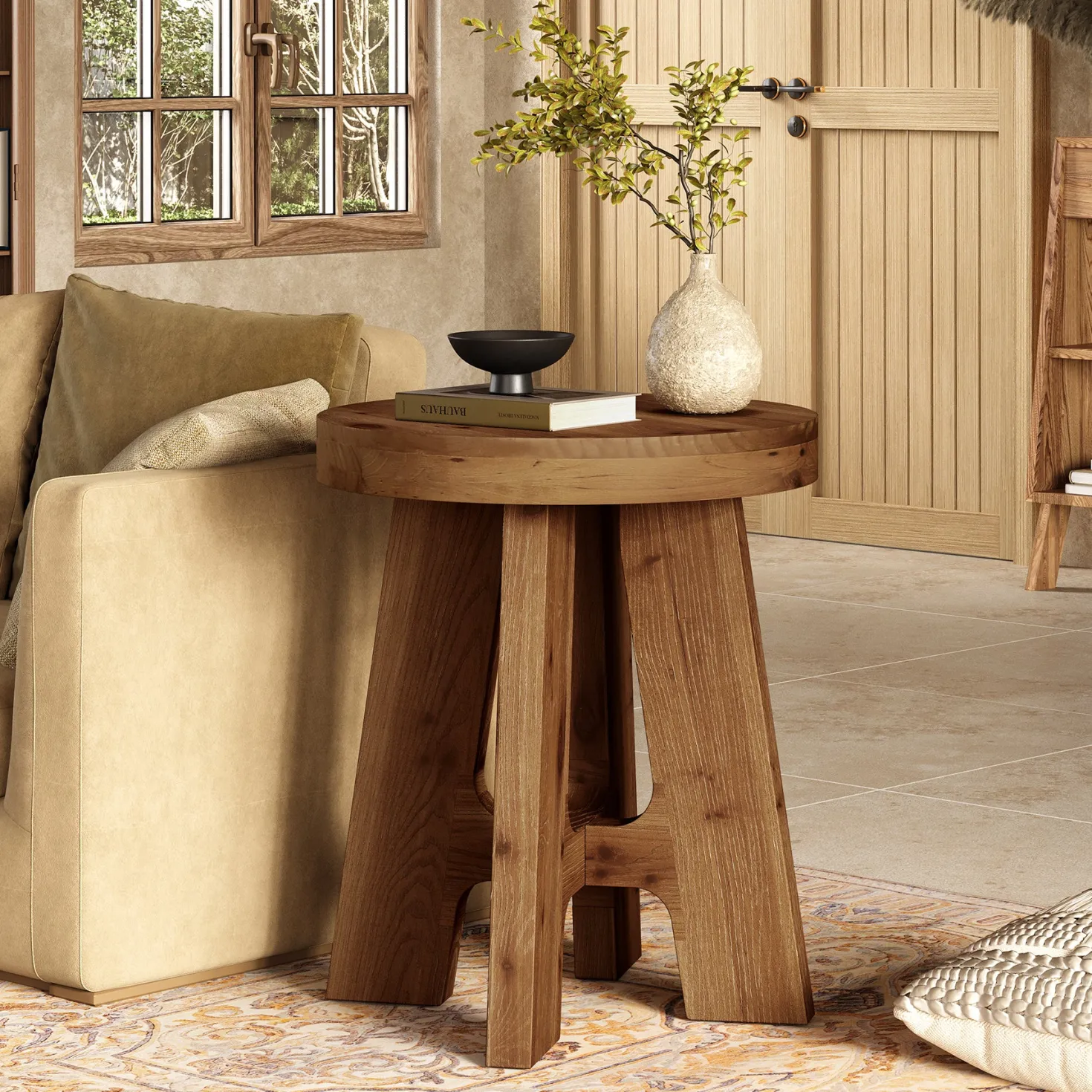 Solid Wood End Table, Round Side Table with Heavy-Duty Legs for Couch