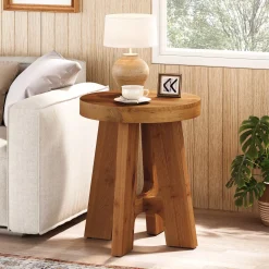 Solid Wood End Table, Round Side Table with Heavy-Duty Legs for Couch