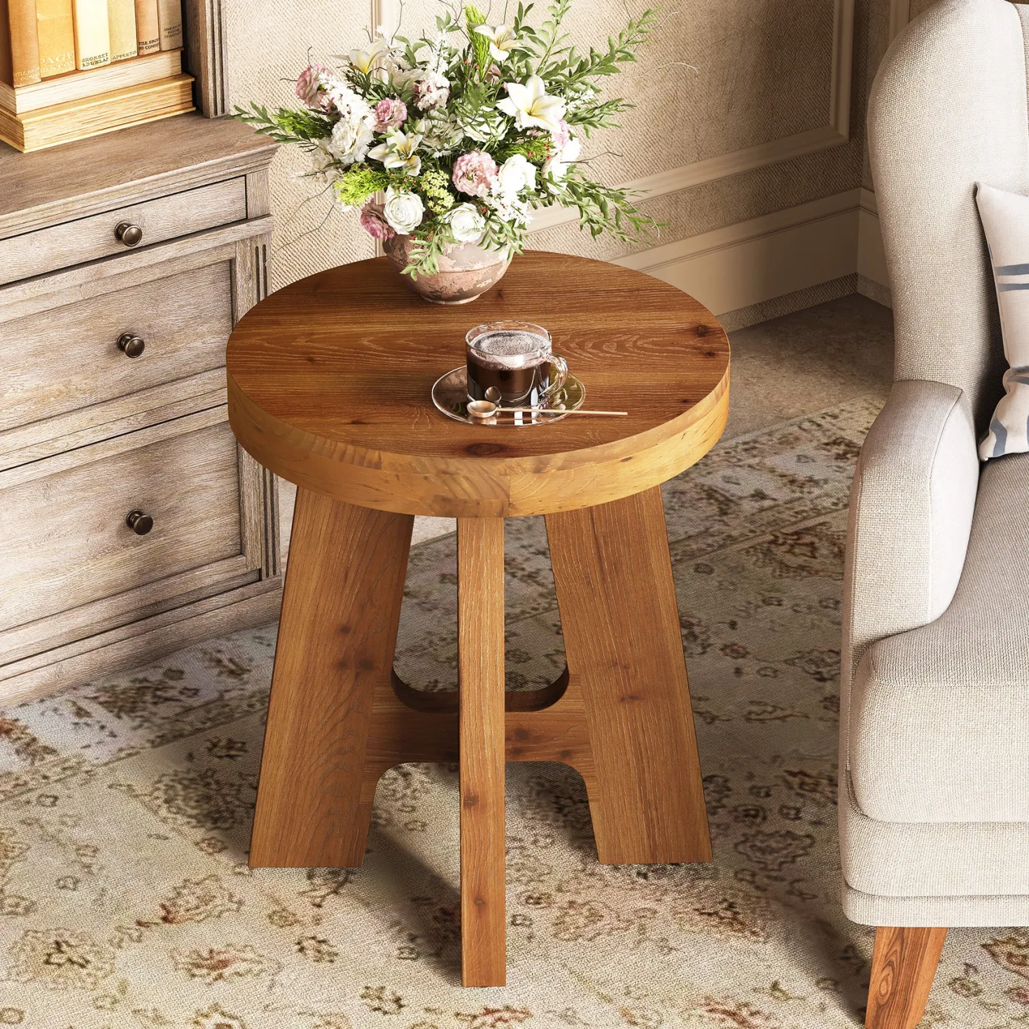 Solid Wood End Table, Round Side Table with Heavy-Duty Legs for Couch