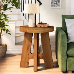 Solid Wood End Table, Round Side Table with Heavy-Duty Legs for Couch