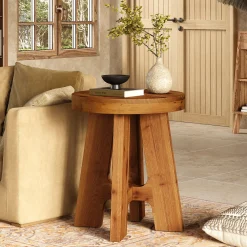 Solid Wood End Table, Round Side Table with Heavy-Duty Legs for Couch