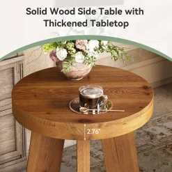 Solid Wood End Table, Round Side Table with Heavy-Duty Legs for Couch