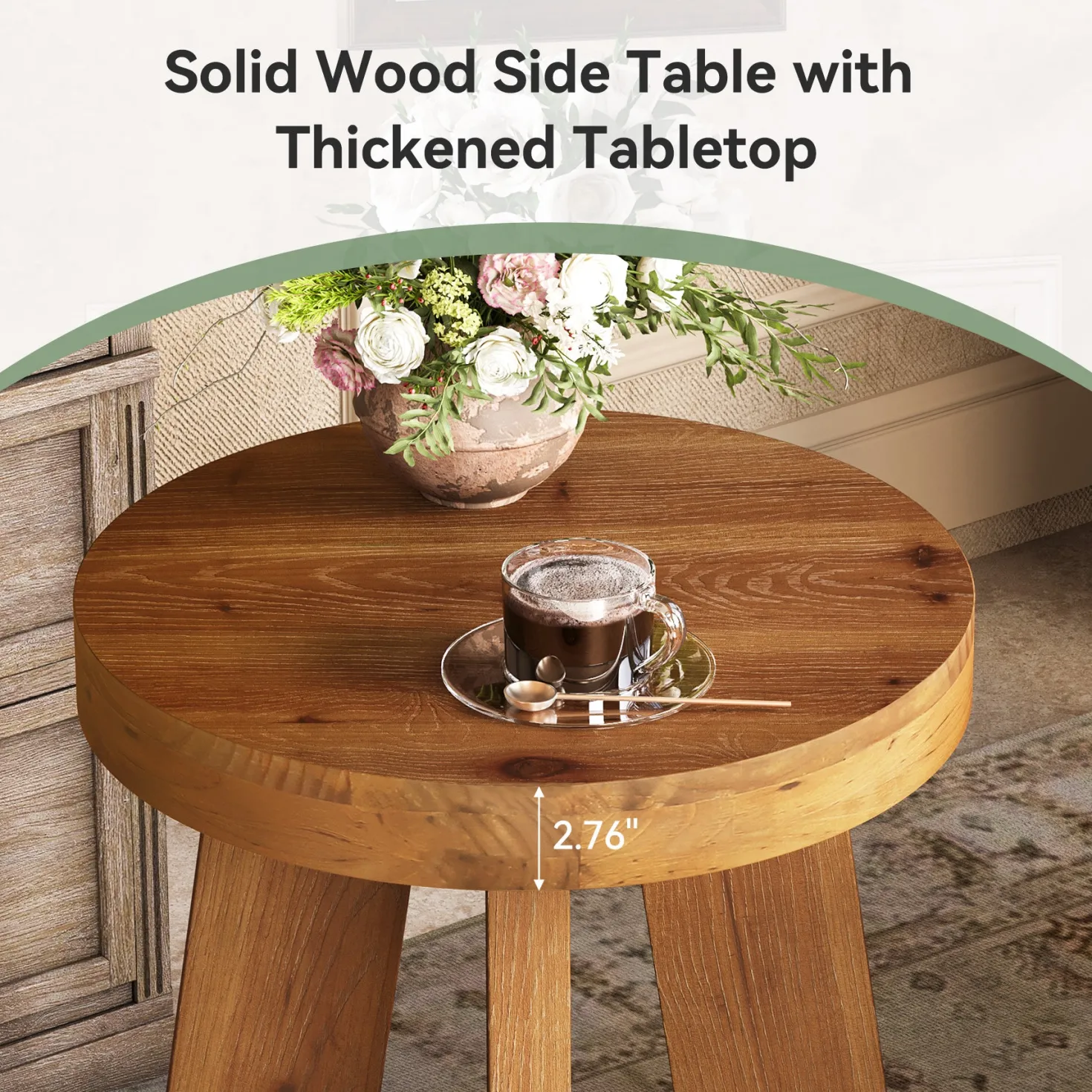 Solid Wood End Table, Round Side Table with Heavy-Duty Legs for Couch