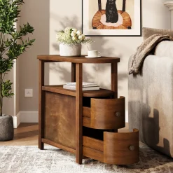 Solid Wood End Table, Slim Side Table with 2 Drawers & Open Shelf