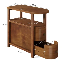 Solid Wood End Table, Slim Side Table with 2 Drawers & Open Shelf
