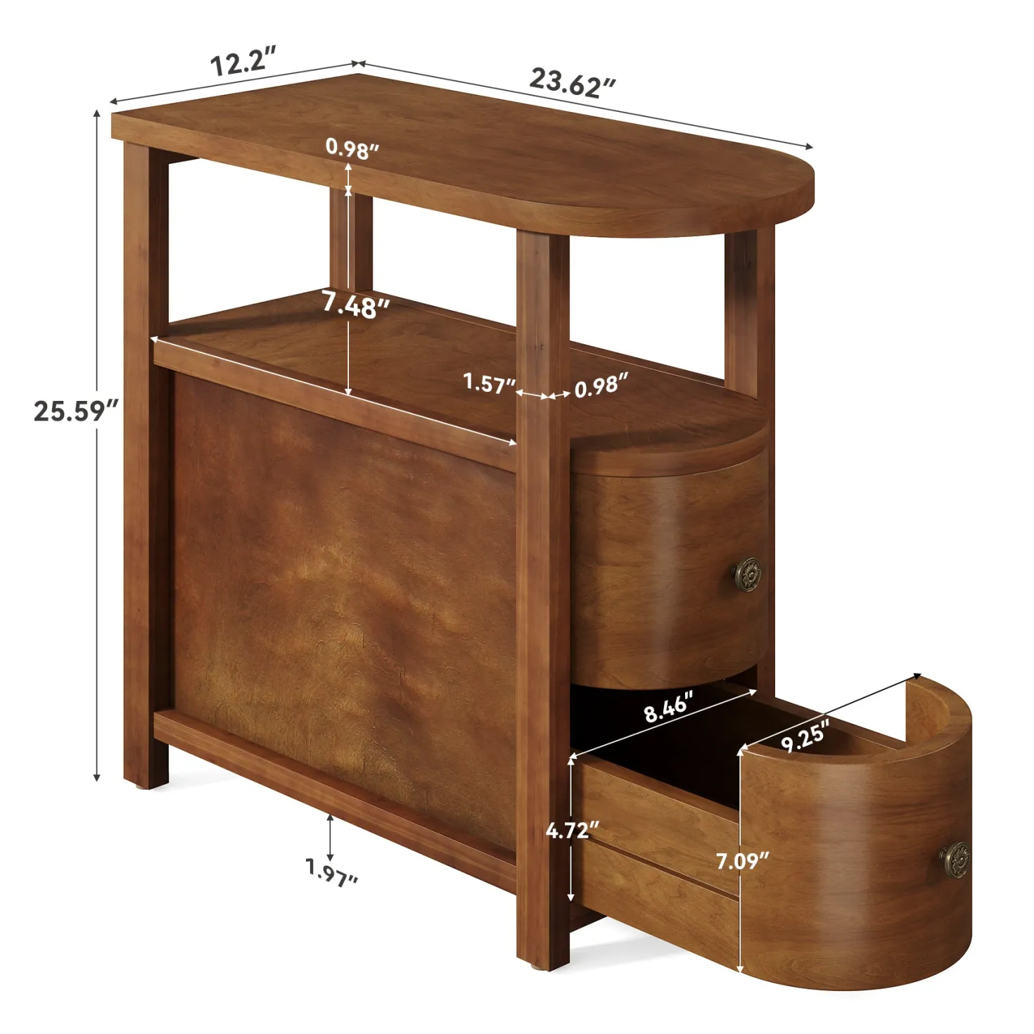 Solid Wood End Table, Slim Side Table with 2 Drawers & Open Shelf