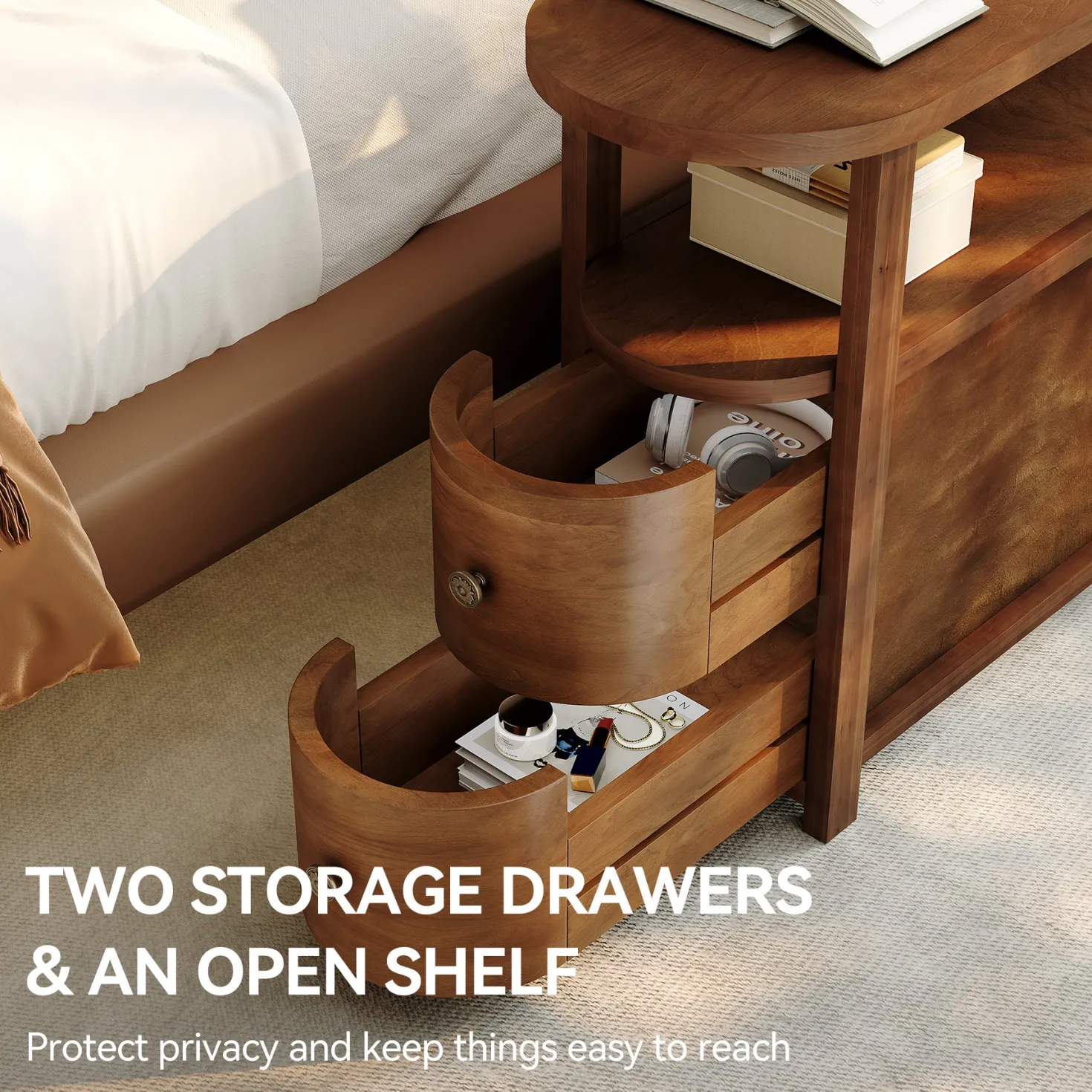 Solid Wood End Table, Slim Side Table with 2 Drawers & Open Shelf