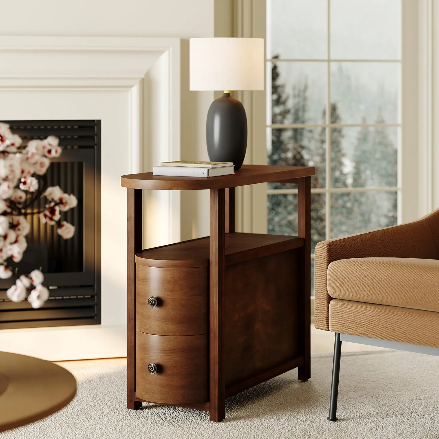Solid Wood End Table, Slim Side Table with 2 Drawers & Open Shelf