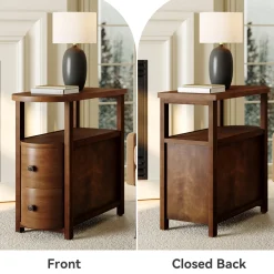 Solid Wood End Table, Slim Side Table with 2 Drawers & Open Shelf