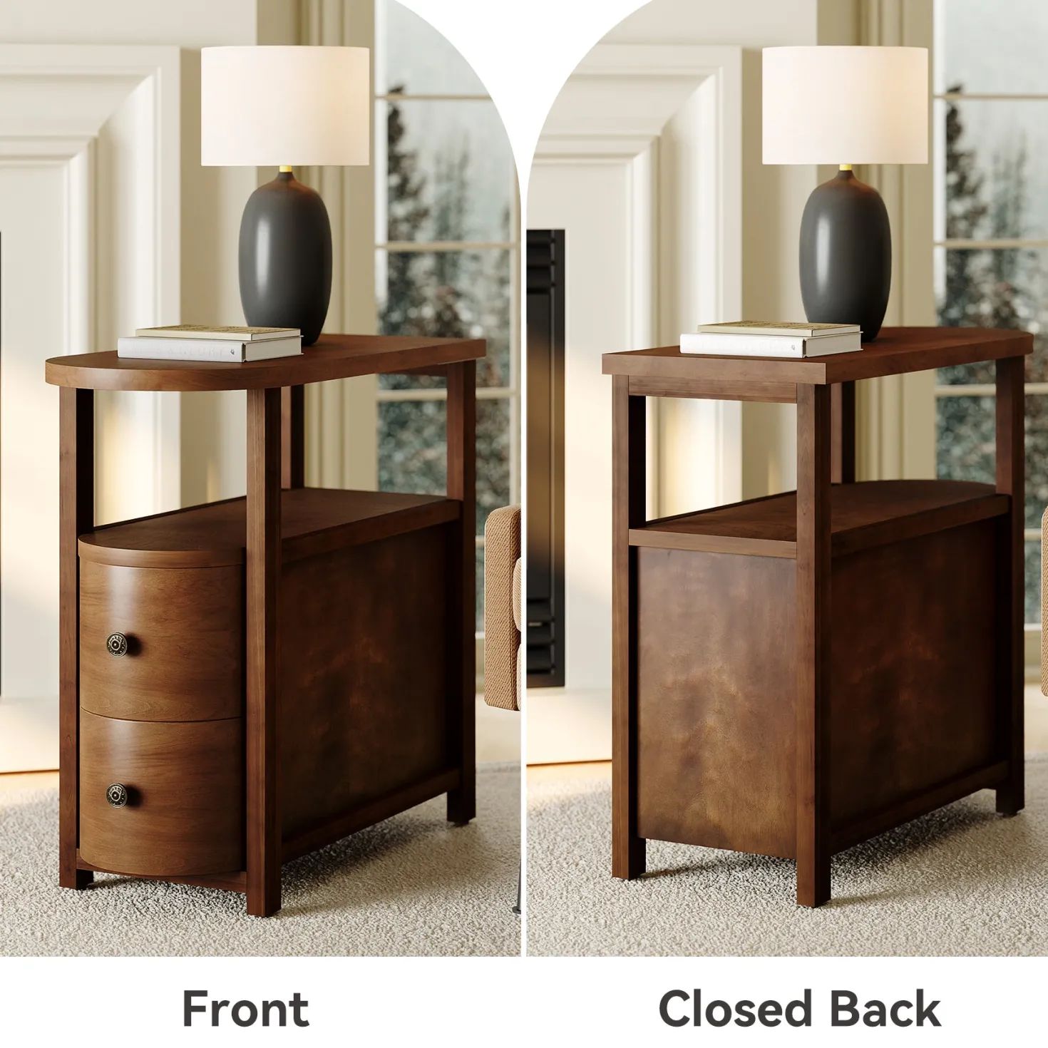 Solid Wood End Table, Slim Side Table with 2 Drawers & Open Shelf