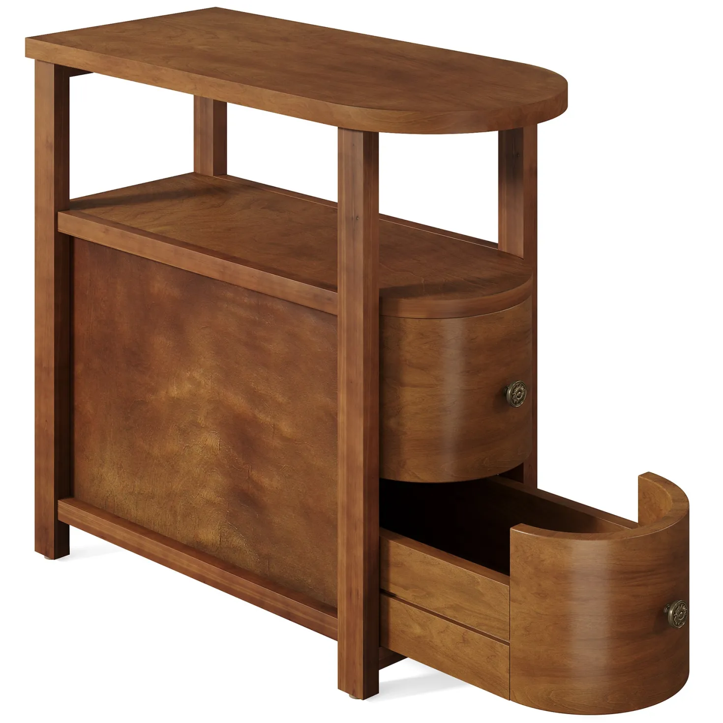 Solid Wood End Table, Slim Side Table with 2 Drawers & Open Shelf