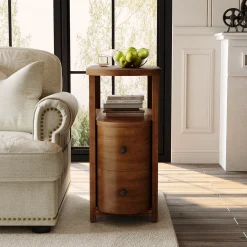 Solid Wood End Table, Slim Side Table with 2 Drawers & Open Shelf