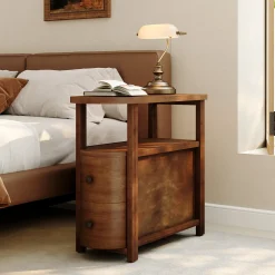 Solid Wood End Table, Slim Side Table with 2 Drawers & Open Shelf