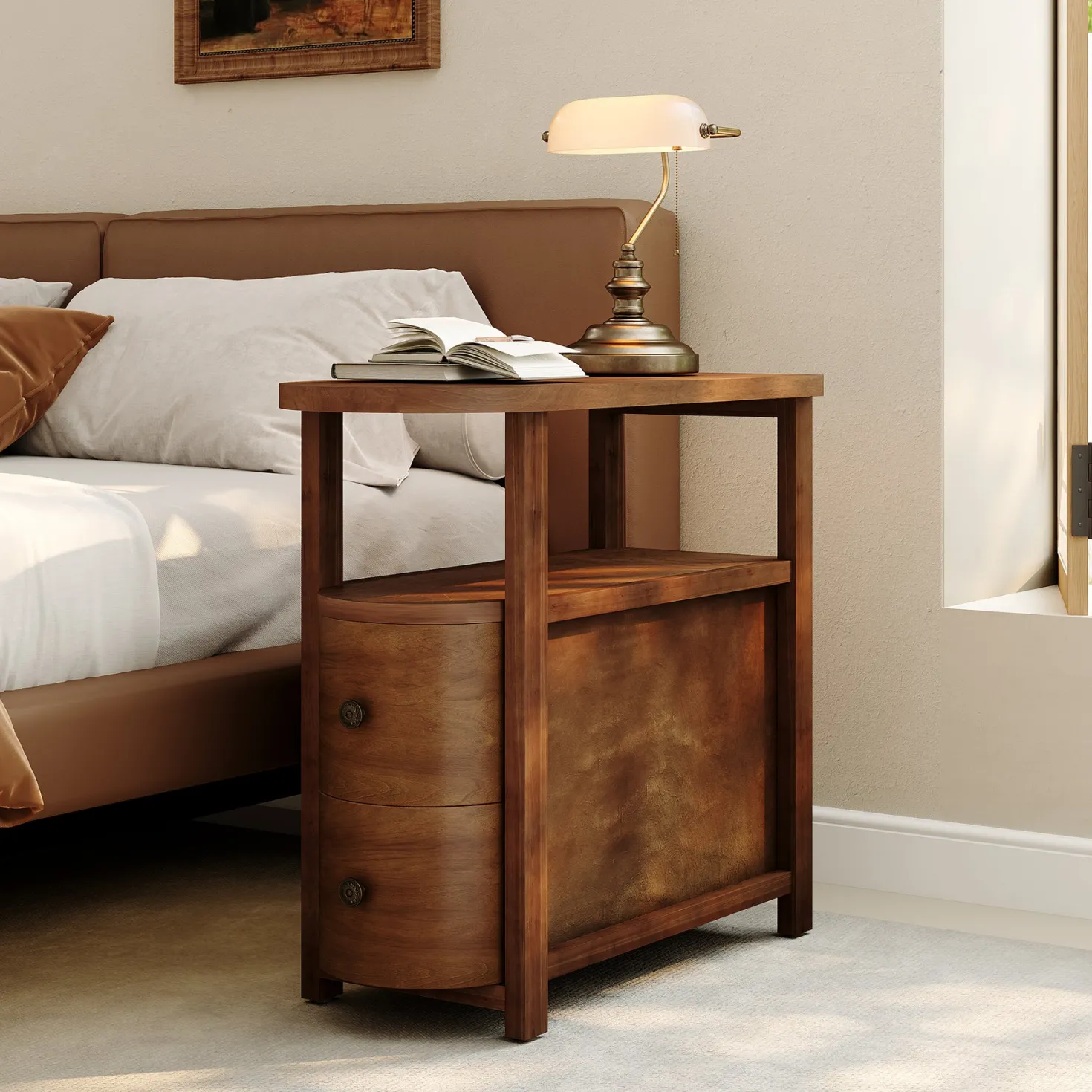 Solid Wood End Table, Slim Side Table with 2 Drawers & Open Shelf