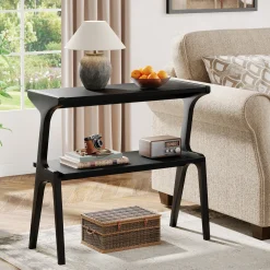 Solid Wood End Table, 2-Tier Sofa Side Table with Storage Shelf