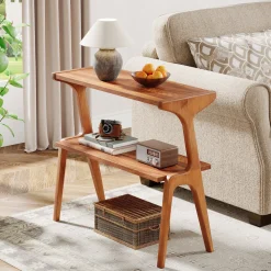 Solid Wood End Table, 2-Tier Sofa Side Table with Storage Shelf