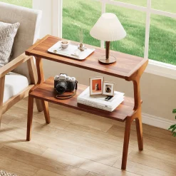 Solid Wood End Table, 2-Tier Sofa Side Table with Storage Shelf