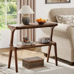 Solid Wood End Table, 2-Tier Sofa Side Table with Storage Shelf