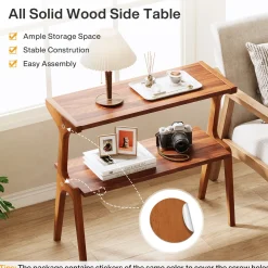 Solid Wood End Table, 2-Tier Sofa Side Table with Storage Shelf