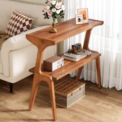Solid Wood End Table, 2-Tier Sofa Side Table with Storage Shelf